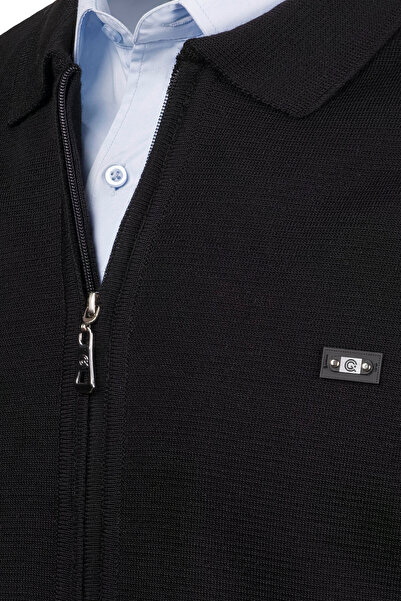 Çizgi Triko Ανδρικό πλεκτό με γιακά πόλο με επένδυση μαύρο παλτό με φερμουάρ Πλεκτό από ατσάλι