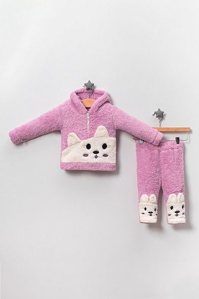 TRENDİMİZBİR Baby Girl Bear Embroidered Welsoft Set - Lilac
