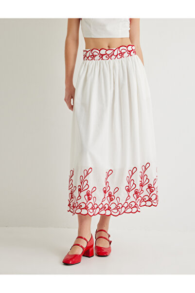 Koton Uzun Fistolu Kloş Etek Astarlı Çiçekli Işleme Detaylı