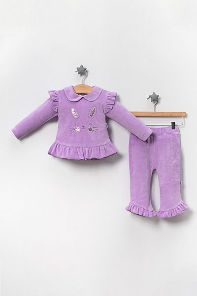 TRENDİMİZBİR Smiley Cat Face Frilly 2 Piece Set for Baby Girl - Lilac