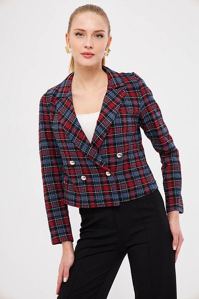 armonika Women's Red Navy Blue Double Breasted Collar Tweed Crop Jacket ARM-24K001014