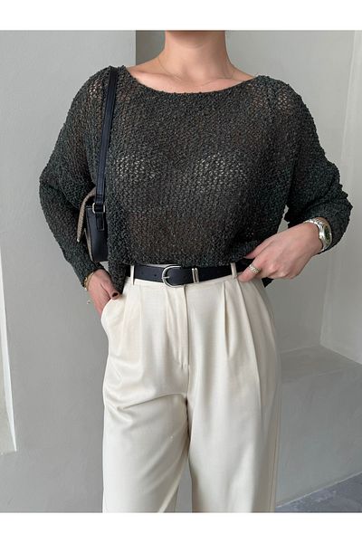 Laluvia Khakifarbener Spinnen-Strickpullover mit entspanntem Schnitt-4412