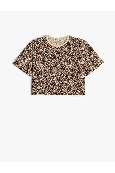 Koton Leopard Print Cotton Crop T-Shirt - Short Sleeve and Round Neck
