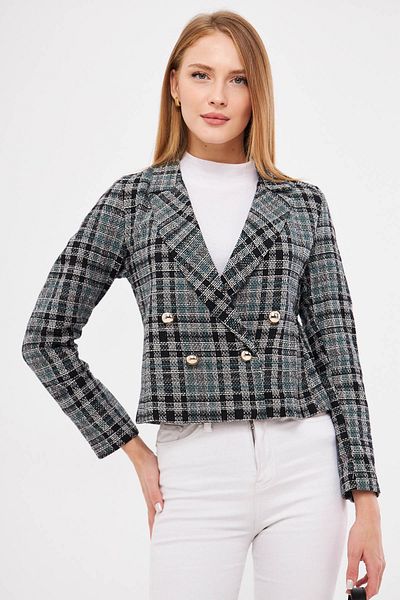 armonika Γυναικείο μπουφάν Tweed Crop με διπλό κολάρο τιρκουάζ ARM-24K001014