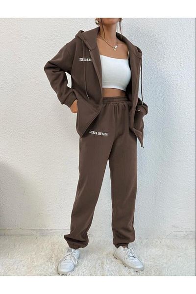 Know Women's 3 Thread Brown Sierra Nevada Printed Cardigan Jogger Oversize Trainingsanzug Set