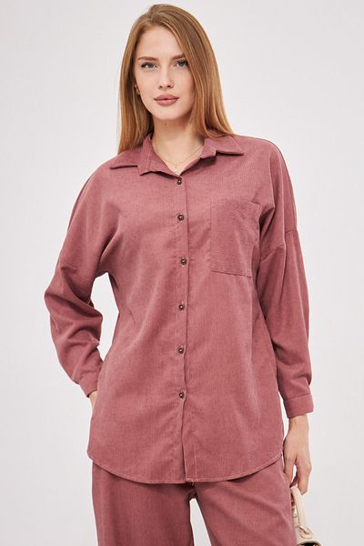 armonika Cămașă oversize subțire din catifea cu trandafir uscat pentru femei, cu buzunare ARM-24K001076