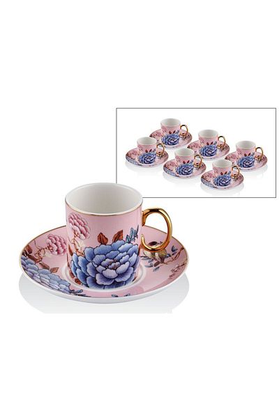 LAMEDORE 12 Piece Floral Pink Porcelain Coffee Cup Set - 6 Person