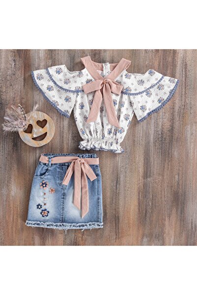 Misse Moda طقم تنورة جينز وبلوزة منقوشة للفتيات باللون البودرة