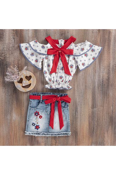Misse Moda Red Patterned Girl's Blouse and Skirt Set