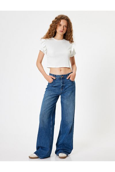 Koton Butterfly Sleeve and Ruffle Detailed Crew Neck T-Shirt