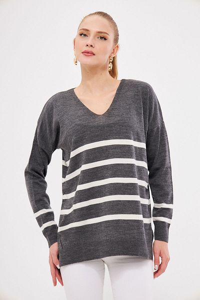 armonika Women's Anthracite V-neck Striped Short Front Long Back Sweater ARM-20K012008