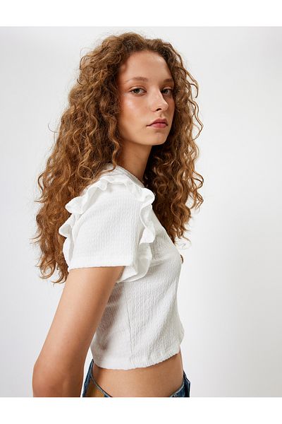 Koton Butterfly Sleeve and Ruffle Detailed Crew Neck T-Shirt