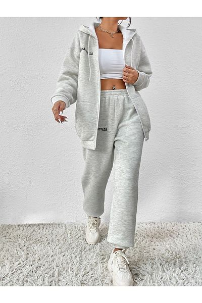 Trendseninle Women's 3 Thread Gray Sierra Nevada Printed Cardigan Jogger Oversize Tracksuit Set