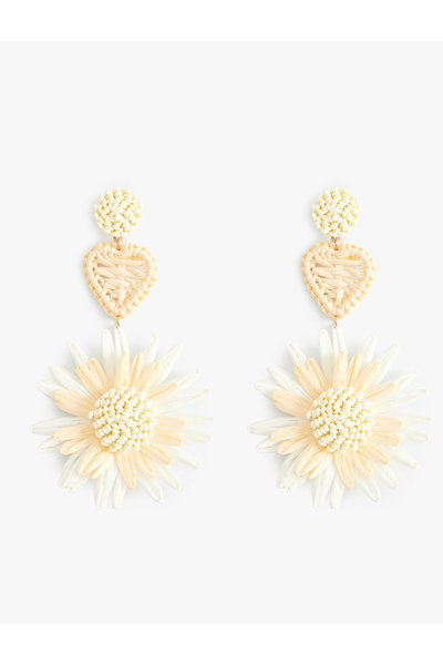 Koton Straw Earrings - Floral Pattern, Heart Detail and Dangle