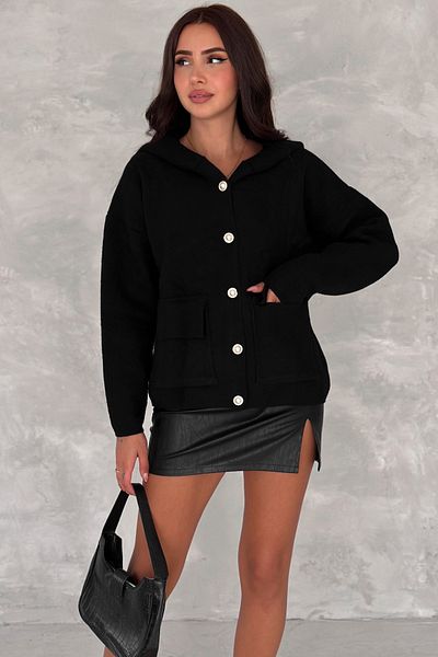 FEMELLE Cardigan de damă, negru, mărime standard, cu glugă, cu nasturi perle, tricotaje supradimensionate