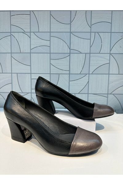 Anıl Ayakkabı Decolite Femei Negru GRI Detaliu Piele autentică Gros Toc Clasic Pantofi Stil Casual 7 cm