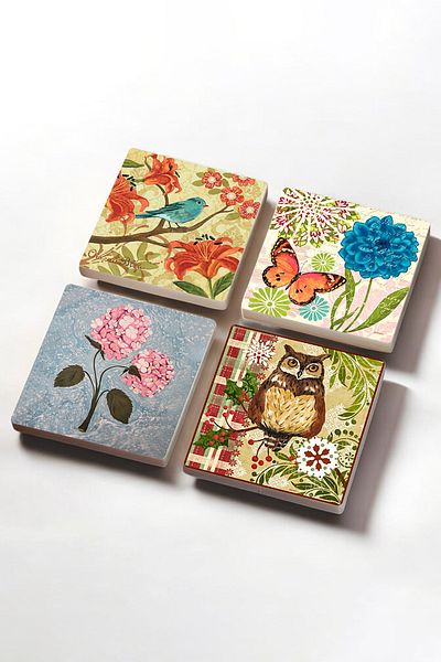 Pinecone Butterfly, Sparrow, Pink Hydrangea Flower, Owl Stone Coasters Protective Coasters Set of 4 10x10cm