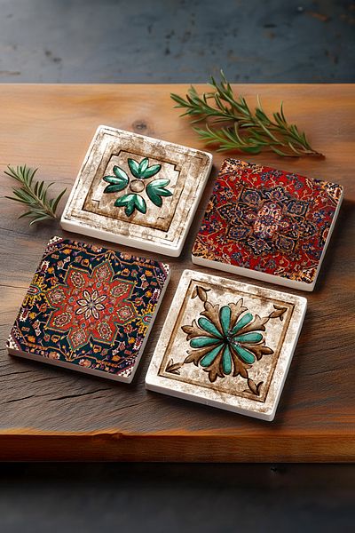 Pinecone Pattern, Moroccan Patterned Vintage Stone Coasters Desktop Protective Coasters 4 Piece Set 10x10cm