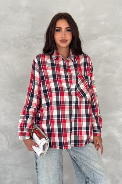 FEMELLE Cămașă supradimensionată pentru femei, cu model în carouri, cu un singur buzunar, 100% bumbac (cumpărați 1 mărime mai mică)