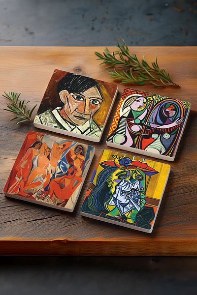 Pinecone Picasso Crying Woman, Avignon Girls, Girl in Front of the Mirror, Self-Portrait Stone Coasters Set of 4