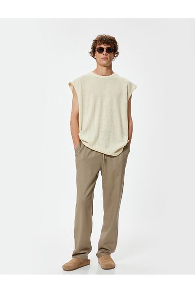 Koton Linen Summer Trousers - Chino, with Waist Laces and Pockets