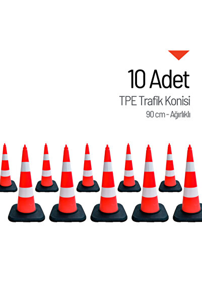 İleri Trafik 10'lu TPE Trafik Konisi Seti 90 cm Ağırlıklı Çift Reflektifli Tr...