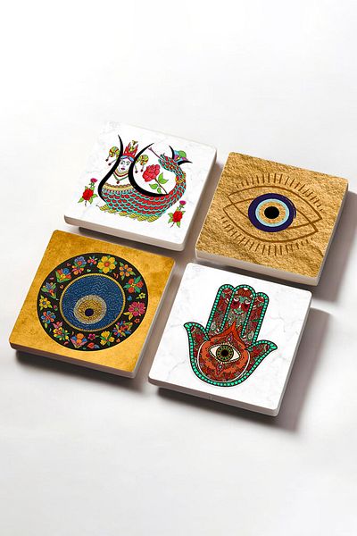 Pinecone Evil Eye, Hand of Mother Fatma (HAMSA), Shahmeran Stone Coaster Desktop Protective Coaster Set of 4 10x10cm