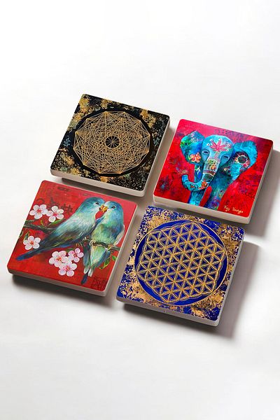 Pinecone Elephant, Bird, Sri Yantra, Flower of Life Stone Coaster Desktop Protective Coaster 4 Piece Set 10x10cm