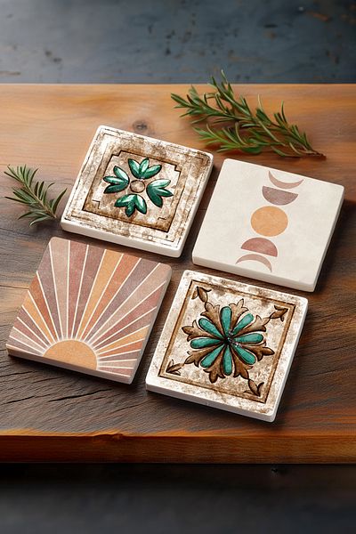 Pinecone Minimalist Abstract, Moroccan Patterned Vintage Stone Coasters Desktop Protective Coasters Set of 4 10x10cm