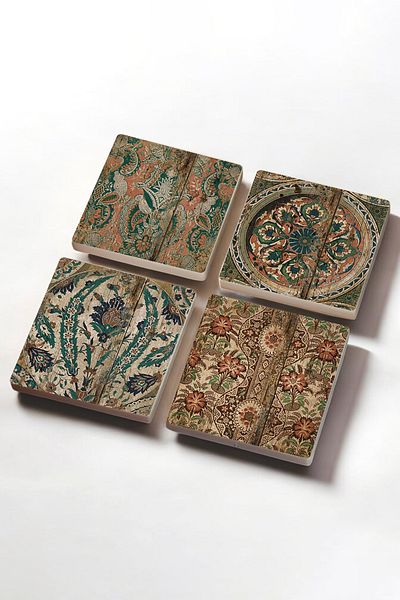 Pinecone Vintage Pattern Stone Coasters Desktop Protective Coasters 4 Piece Set 10x10cm Stone Coasters