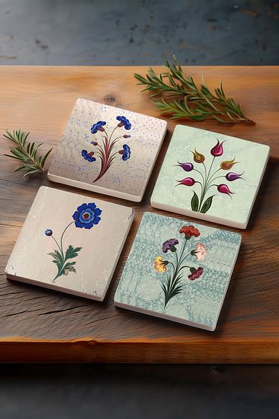 Pinecone Marbling Art, Tulip Stone Coaster Desktop Protective Coaster 4 Piece Set 10x10cm Stone Coasters