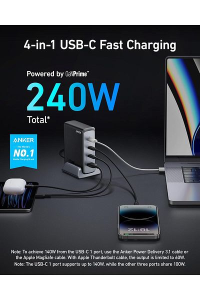 Anker 240W USB C Plug, Prime GaN Charger, 4-Port Fast Compact GaN Charger