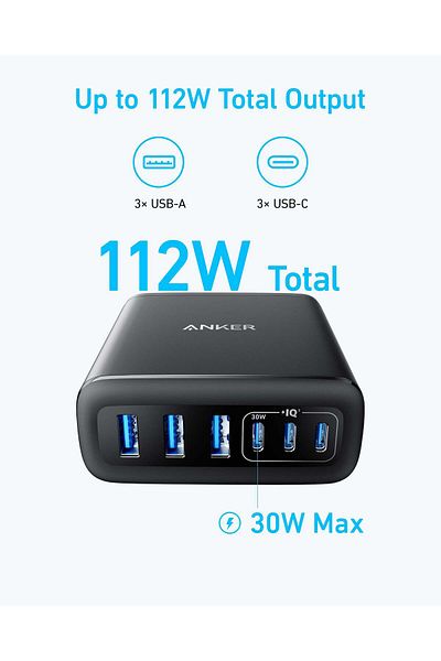 Anker 112W 6-Port Fast Desktop Charger For iPhone, iPad, MacBook, Samsung & More, Black
