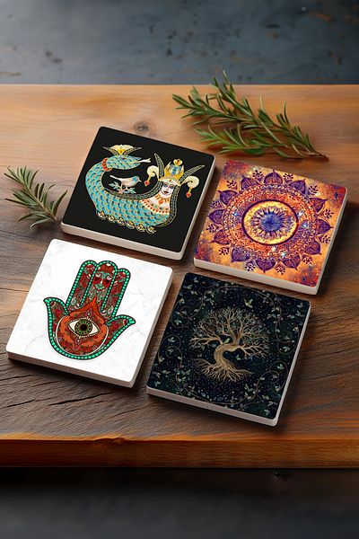 Pinecone Mandala, Mother Fatima Hand (hamsa), Tree of Life, Shahmeran Stone Coasters Set of 4 10x10cm