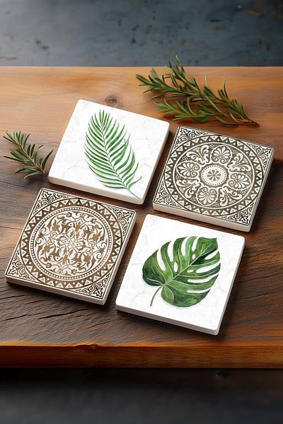 Pinecone نمط عرقي، مجموعة من 4 قطع من قواعد الأكواب الواقية لسطح المكتب مقاس 10 × 10 سم Sc369