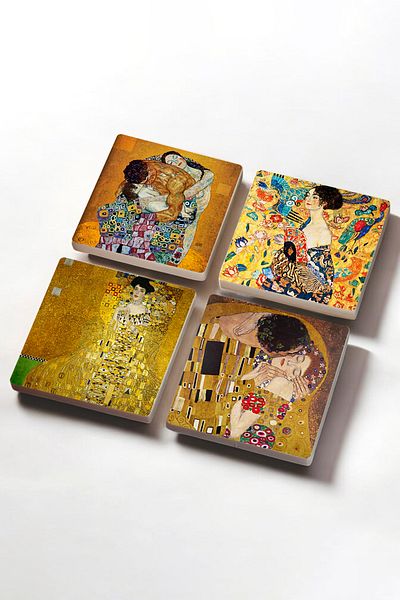 Pinecone Gustav Klimt Woman with a Fan, Portrait of Bauer, Family Embrace, Kiss Stone Coasters Set of 4