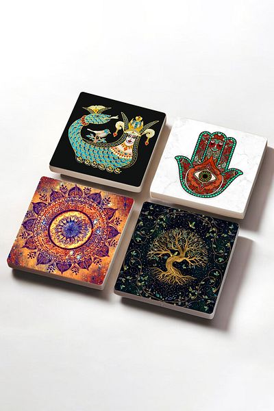 Pinecone Mandala, Mother Fatima Hand (hamsa), Tree of Life, Shahmeran Stone Coasters Set of 4 10x10cm
