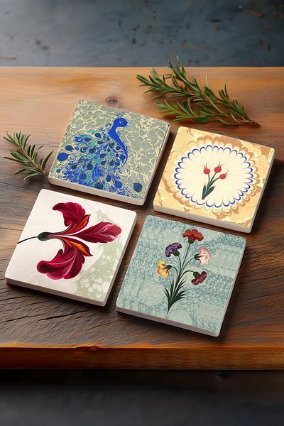 Pinecone Marbling Art, Tulip, Peacock Stone Coaster Desktop Protective Coaster 4 Piece Set 10x10cm
