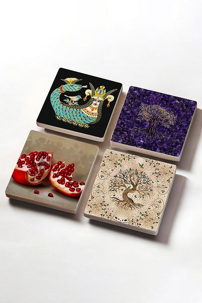 Pinecone Shahmaran, Tree of Life, Pomegranate Stone Coaster Desktop Protective Coaster 4 Piece Set 10x10cm