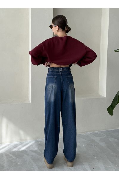Laluvia Marineblaue Boyfriend-Jeanshose mit Gürtelschnalle auf der Rückseite – 3064