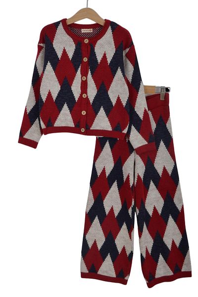 Minora Girl's Knitwear Baklava Pattern Cardigan Trousers Set