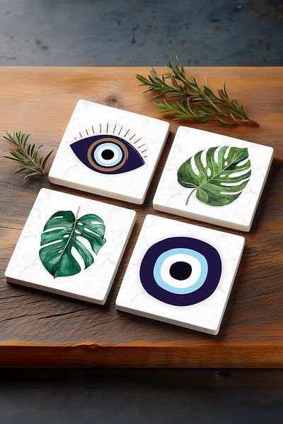 Pinecone Evil Eye, Leaf Stone Coaster Desktop Protective Coaster 4 Piece Set 10x10cm Stone Coasters Sc418