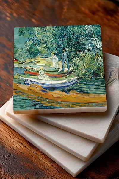 Pinecone Van Gogh Olive Trees, Peach Tree, Irises, Oise Bank Stone Coasters Set of 4 10x10cm