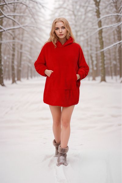 Lunaberry Red Plush Hooded - Loose Over-The-Knee Blanket Pajamas, Ideal for Cold Weather