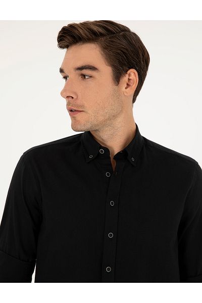 Pierre Cardin Черна риза с дълъг ръкав и стандартна кройка от ленена смес 50284168-VR046