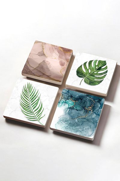Pinecone مجموعة من 4 قطع من الوقايات الحجرية ذات الفن التجريدي على شكل ورقة شجر، قواعد حجرية مقاس 10 × 10 سم