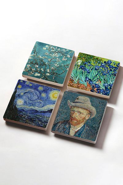 Pinecone Van Gogh Irises, Starry Night, Almond Tree, Self-Portrait Stone Coasters Set of 4 10x10cm