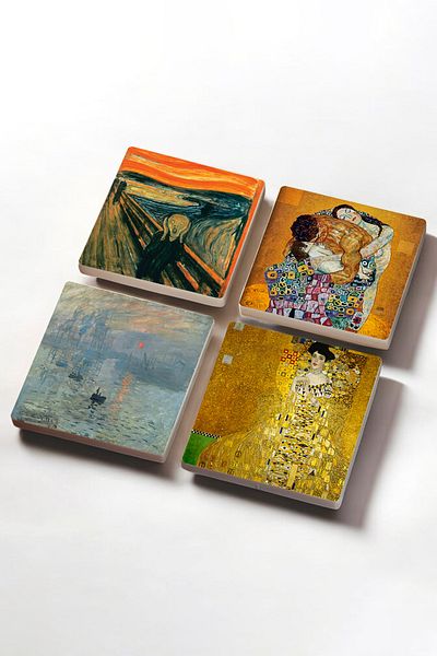 Pinecone Gustav Klimt Family Embrace, Bauer's Portrait, Monet Sunrise, The Scream Stone Coasters Set of 4