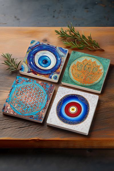 Pinecone مجموعة قواعد أكواب واقية لسطح المكتب من حجر زهرة اللوتس وعين الشر، زهرة الحياة، مكونة من 4 قطع 10 × 10 سم