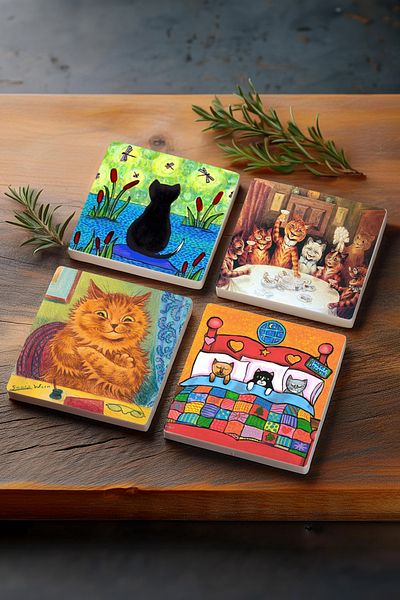 Pinecone Cat Stone Coaster Desktop Protective Coaster 4 Piece Set 10x10cm Stone Coasters Sc332